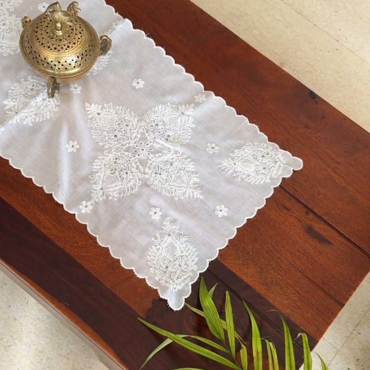 Chikankari Embroidery White Table Runner, 60" x 12" - Coral Slub -